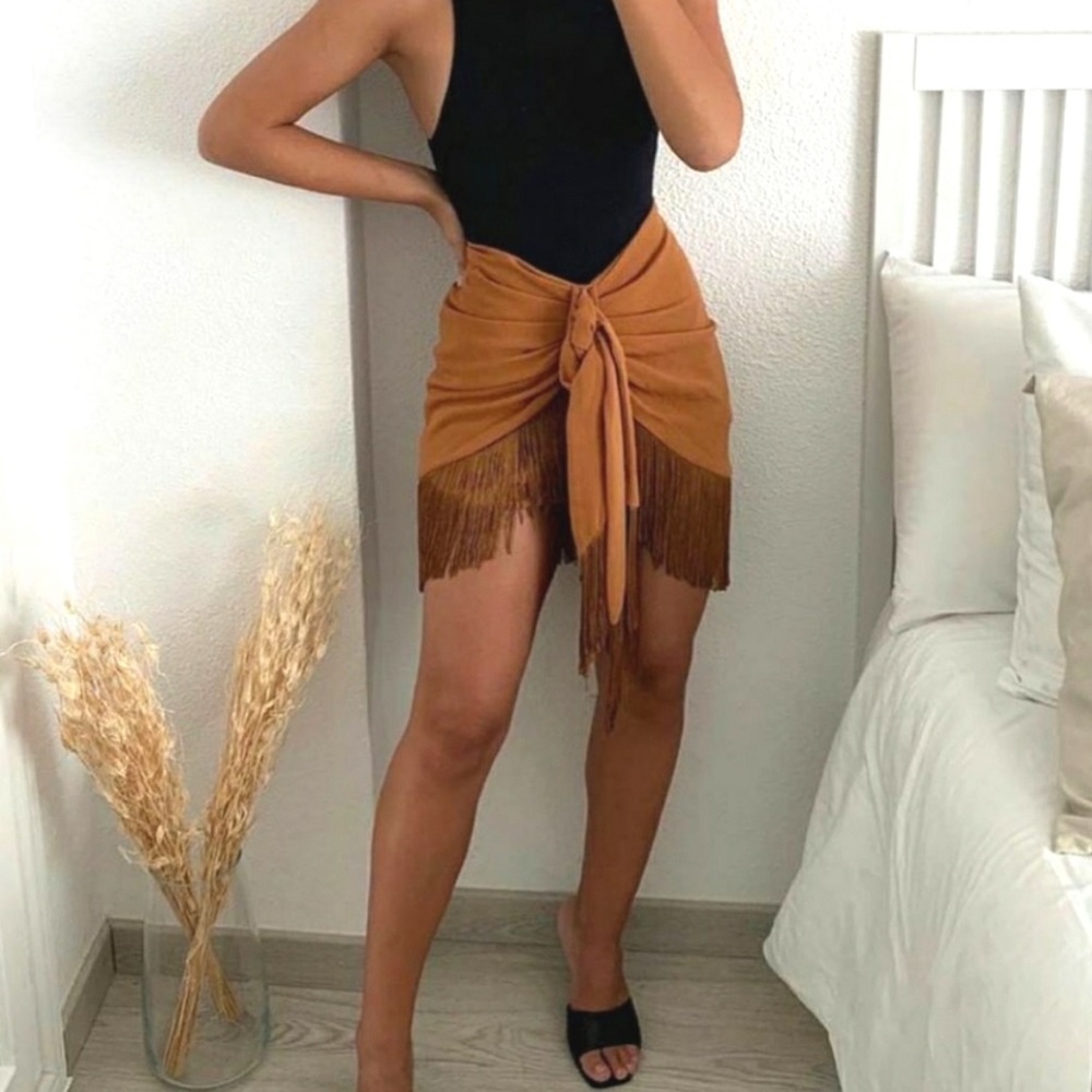 Zara brown fringed mini skirt XL